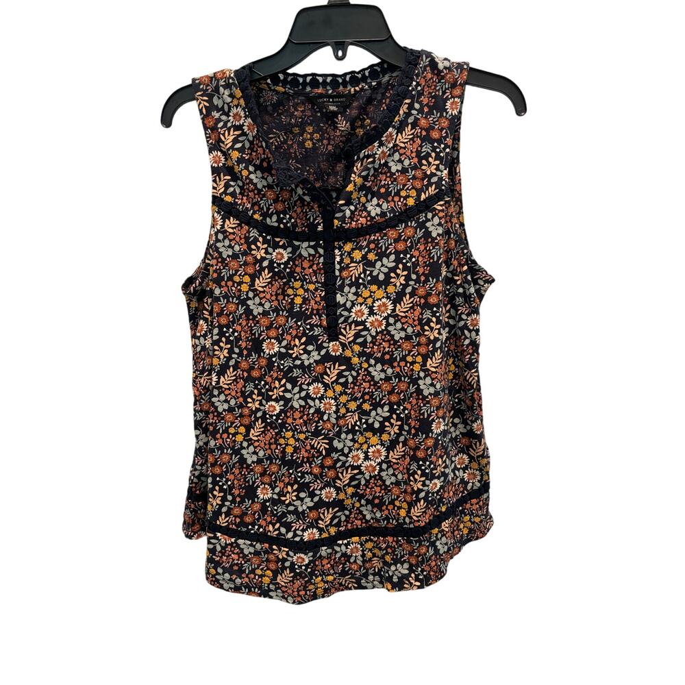 NWOT Lucky Brand Cotton Lace Top Black w/ Orange flowers Size MEDIUM